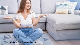  Presentation with woman hands open - Slide deck consisting of young-caucasian-woman-sitting background and a  colored foreground