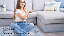  Presentation with woman hands open - PPT layouts having young-caucasian-woman-sitting background and a  colored foreground