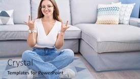  Presentation with rock star - Slide set enhanced with young-caucasian-woman-sitting background and a light blue colored foreground