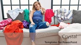  Presentation with victory - PPT theme consisting of young-caucasian-woman-sitting background and a coral colored foreground