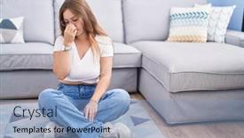  Presentation with living room - PPT theme consisting of young-caucasian-woman-sitting background and a  colored foreground