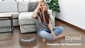  Presentation with robot eye - Presentation theme featuring young-caucasian-woman-sitting background and a coral colored foreground