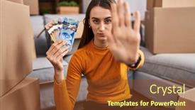  Presentation with new home - Presentation theme featuring young-caucasian-woman-sitting background and a  colored foreground