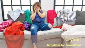  Presentation with woman sad - Slides with young-caucasian-woman-sitting background and a coral colored foreground