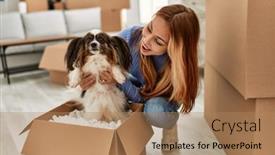 Presentation with new home - Theme enhanced with young-caucasian-woman-sitting background and a coral colored foreground