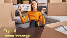  Presentation with new home - PPT layouts with young-caucasian-woman-sitting background and a tawny brown colored foreground