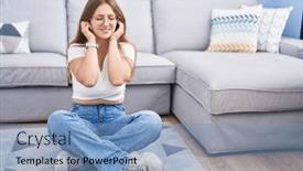  Presentation with noise - PPT theme enhanced with young-caucasian-woman-sitting background and a light blue colored foreground