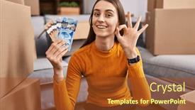  Presentation with canadian - Presentation theme enhanced with young-caucasian-woman-sitting background and a tawny brown colored foreground