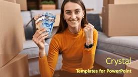  Presentation with money flow - Presentation consisting of young-caucasian-woman-sitting background and a tawny brown colored foreground