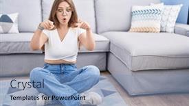  Presentation with living room - Slide set having young-caucasian-woman-sitting background and a light blue colored foreground