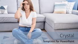  Presentation with crisis - Slides having young-caucasian-woman-sitting background and a light blue colored foreground