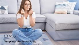  Presentation with salary - Presentation design consisting of young-caucasian-woman-sitting background and a light blue colored foreground