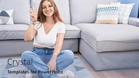  Presentation with living room - PPT theme enhanced with young-caucasian-woman-sitting background and a light blue colored foreground