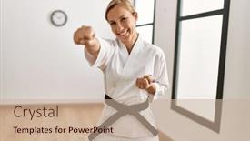  Presentation with woman sport - PPT theme featuring young-caucasian-woman-smiling-confident background and a coral colored foreground