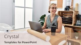  Presentation with woman colored parachute - Slide set having young-caucasian-woman-smiling-confident background and a  colored foreground