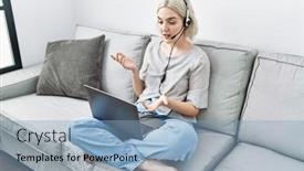  Presentation with confident - Slide deck with young-caucasian-woman-smiling-confident background and a light blue colored foreground