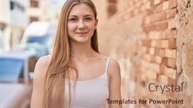  Presentation with woman in labor - PPT layouts featuring young-caucasian-woman-smiling-confident background and a coral colored foreground