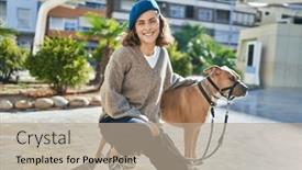  Presentation with dog park - PPT theme enhanced with young-caucasian-woman-smiling-confident background and a coral colored foreground