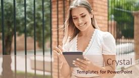 Presentation with confident - Theme featuring young-caucasian-woman-smiling-confident background and a coral colored foreground