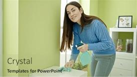  Presentation with room cleaning - PPT theme enhanced with young-caucasian-woman-smiling-confident background and a mint green colored foreground