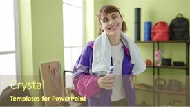  Presentation with exercise sport - PPT layouts enhanced with young-caucasian-woman-smiling-doing background and a coral colored foreground