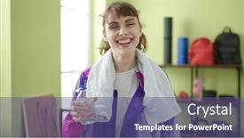  Presentation with exercise sport - Presentation theme enhanced with young-caucasian-woman-smiling-doing background and a violet colored foreground