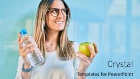  Presentation with green city - Audience pleasing theme consisting of young-caucasian-woman-smiling-happy backdrop and a light blue colored foreground