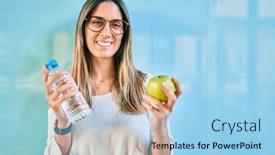  Presentation with green city - Amazing slide deck having young-caucasian-woman-smiling-happy backdrop and a light blue colored foreground