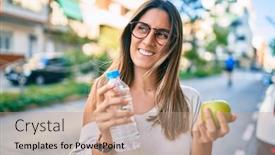  Presentation with green city - Cool new PPT layouts with young-caucasian-woman-smiling-happy backdrop and a coral colored foreground