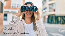  Presentation with new opportunity - Presentation theme consisting of young-caucasian-woman-smiling-happy background and a light gray colored foreground