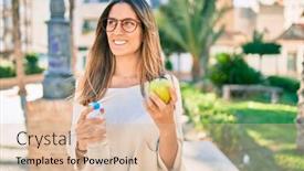  Presentation with green city - Presentation theme featuring young-caucasian-woman-smiling-happy background and a lemonade colored foreground