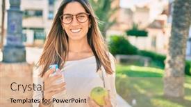  Presentation with green city - Theme having young-caucasian-woman-smiling-happy background and a lemonade colored foreground