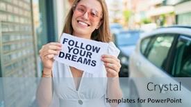  Presentation with dreams - Beautiful slide deck featuring young-caucasian-woman-smiling-happy backdrop and a light blue colored foreground