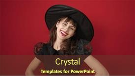  Presentation with costume - Presentation design having young-caucasian-woman-smiling-wearing background and a tawny brown colored foreground