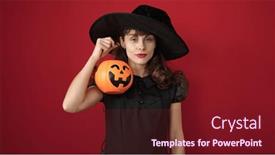  Presentation with costume - Presentation featuring young-caucasian-woman-smiling-wearing background and a tawny brown colored foreground