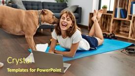  Presentation with dog - Slide set having young-caucasian-woman-sportswoman-smiling background and a violet colored foreground