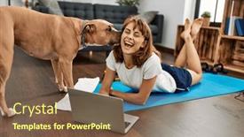  Presentation with confident - Presentation theme with young-caucasian-woman-sportswoman-smiling background and a violet colored foreground