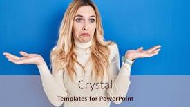  Presentation with woman hands raised to sky - PPT theme consisting of young-caucasian-woman-standing-over background and a  colored foreground