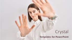  Presentation with frame - Slide set having young-caucasian-woman-standing-over background and a  colored foreground