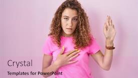  Presentation with hand palm - Theme having young-caucasian-woman-standing-over background and a  colored foreground