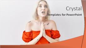  Presentation with praying hands - Presentation theme with young-caucasian-woman-standing-over background and a white colored foreground