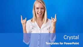  Presentation with blue music - PPT theme with young-caucasian-woman-standing-over background and a teal colored foreground