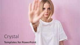  Presentation with hand palm - Slide deck featuring young-caucasian-woman-standing-over background and a lemonade colored foreground