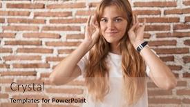  Presentation with hearing - Presentation design featuring young-caucasian-woman-standing-over background and a coral colored foreground