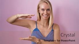  Presentation with symbol - Slide deck having young-caucasian-woman-standing-over background and a  colored foreground