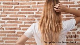  Presentation with bricks - Presentation theme with young-caucasian-woman-standing-over background and a coral colored foreground