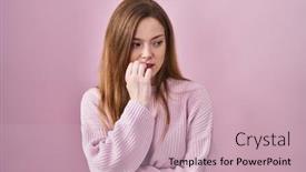  Presentation with pink nails - Theme featuring young-caucasian-woman-standing-over background and a soft green colored foreground