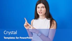  Presentation with blue - Theme with young-caucasian-woman-standing-over background and a  colored foreground