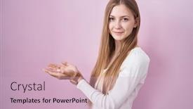 Presentation with woman hands open - Presentation enhanced with young-caucasian-woman-standing-over background and a  colored foreground