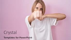  Presentation with violence woman - Slide set featuring young-caucasian-woman-standing-over background and a lemonade colored foreground